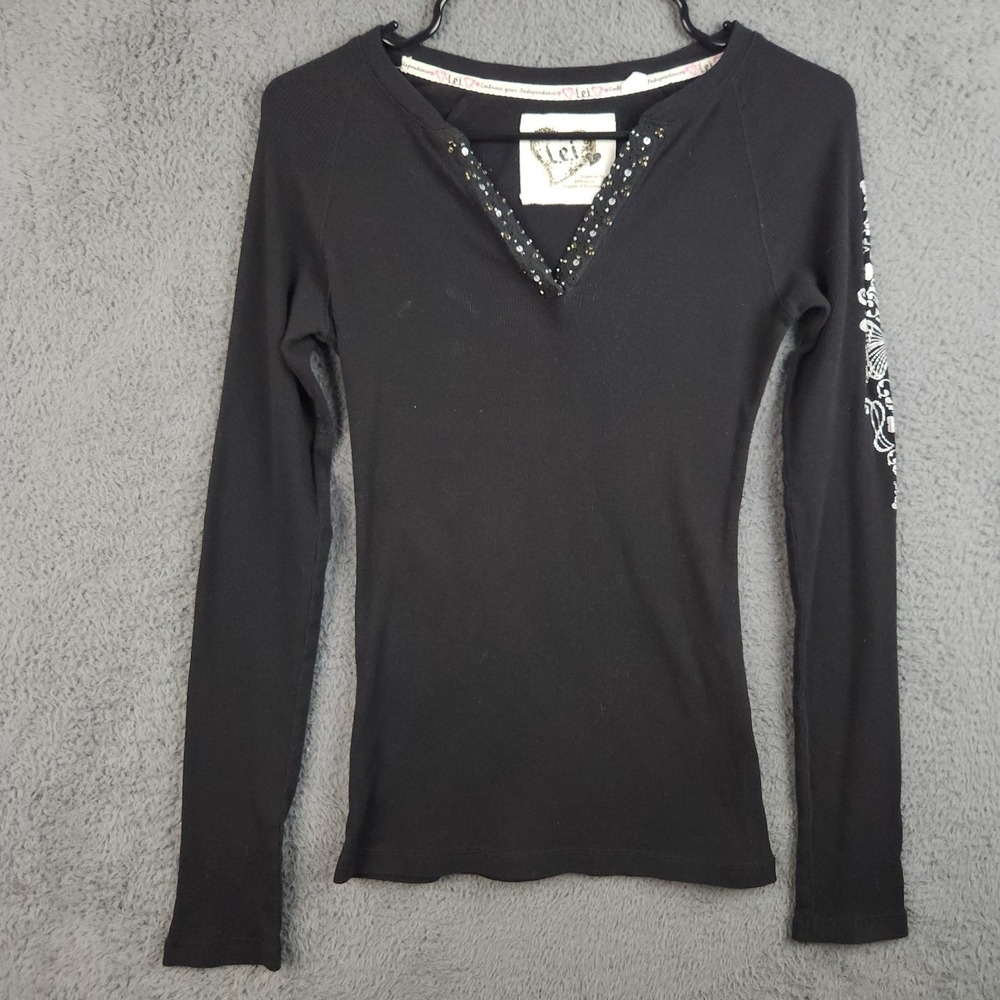 LEI Henley Top Womens Large Black N/A Sequin Butterfly Fairycore Y2K Grunge